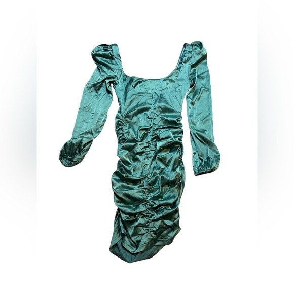 πβ¨ MORE TOβ COME Blaire Teal Satin Puff Sleeve Mini Dress XS NWT β¨π - Picture 3 of 4